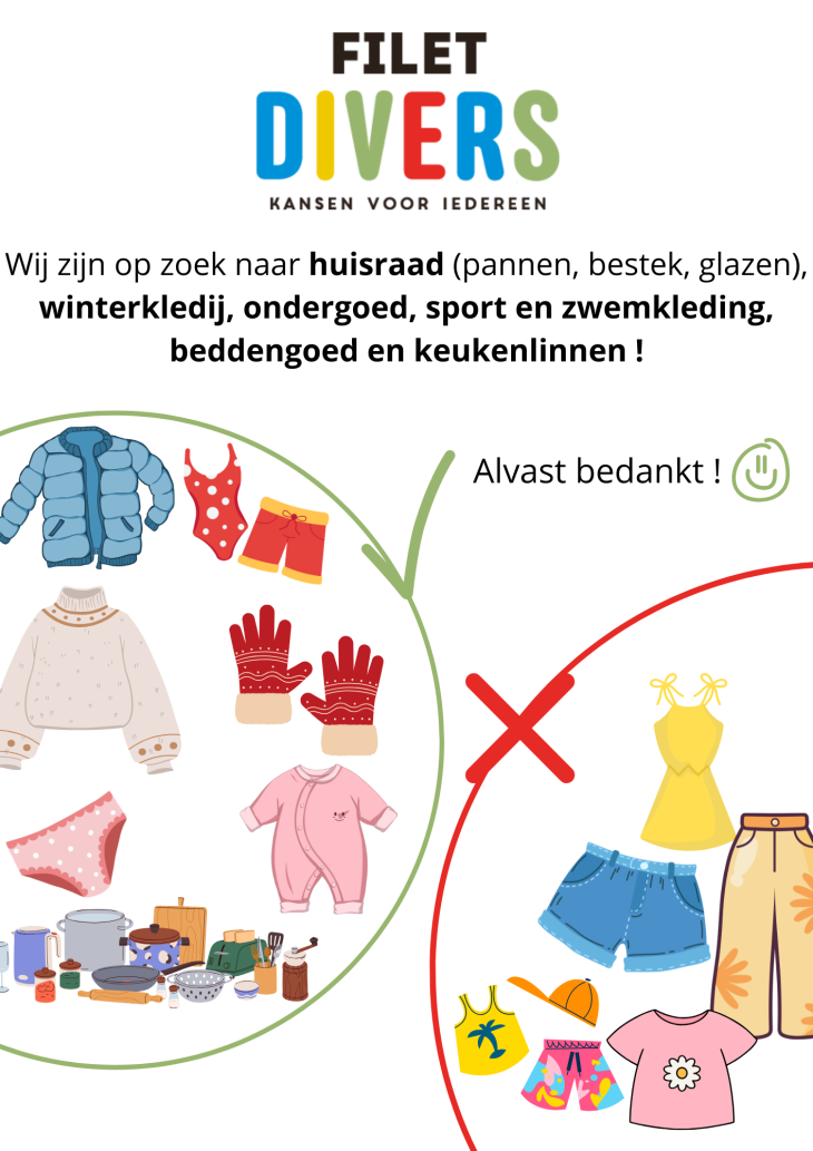 Huisraad en winterkleding gezocht! de afbeelding toont potten, pannen, winterkleding, ondergoed en sportkleding en de tekst dat we op zoek zijn naar huisraad zoals pannen, bestek en glazen, naar winterkledij, ondergoed, sport- en zwemkledij en naar beddengoed en keukenlinnen